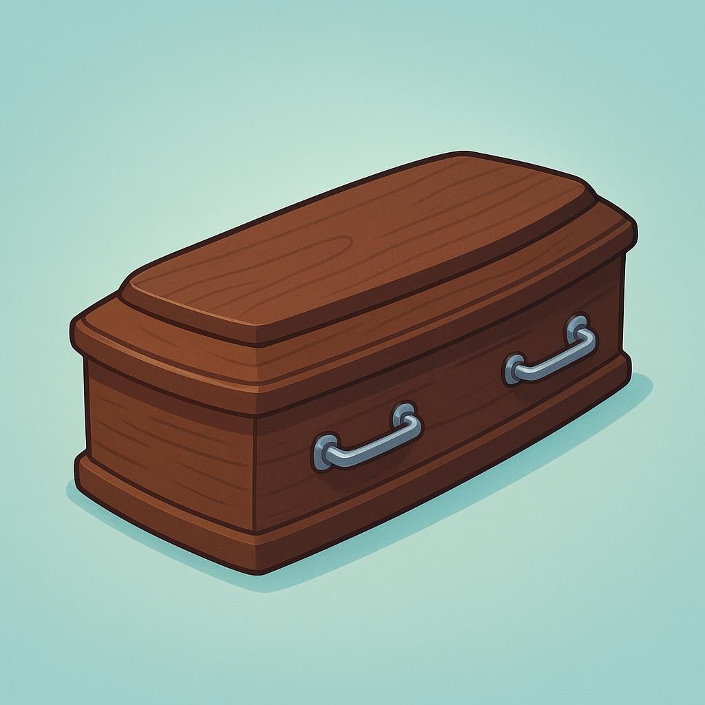 A closed, polished dark wood coffin with metallic handles, resting on a floor.