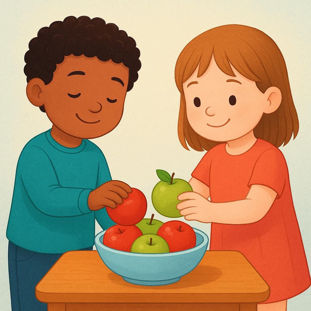 Two young friends standing side-by-side, each reaching out and taking a piece of fruit from a shared wooden bowl.