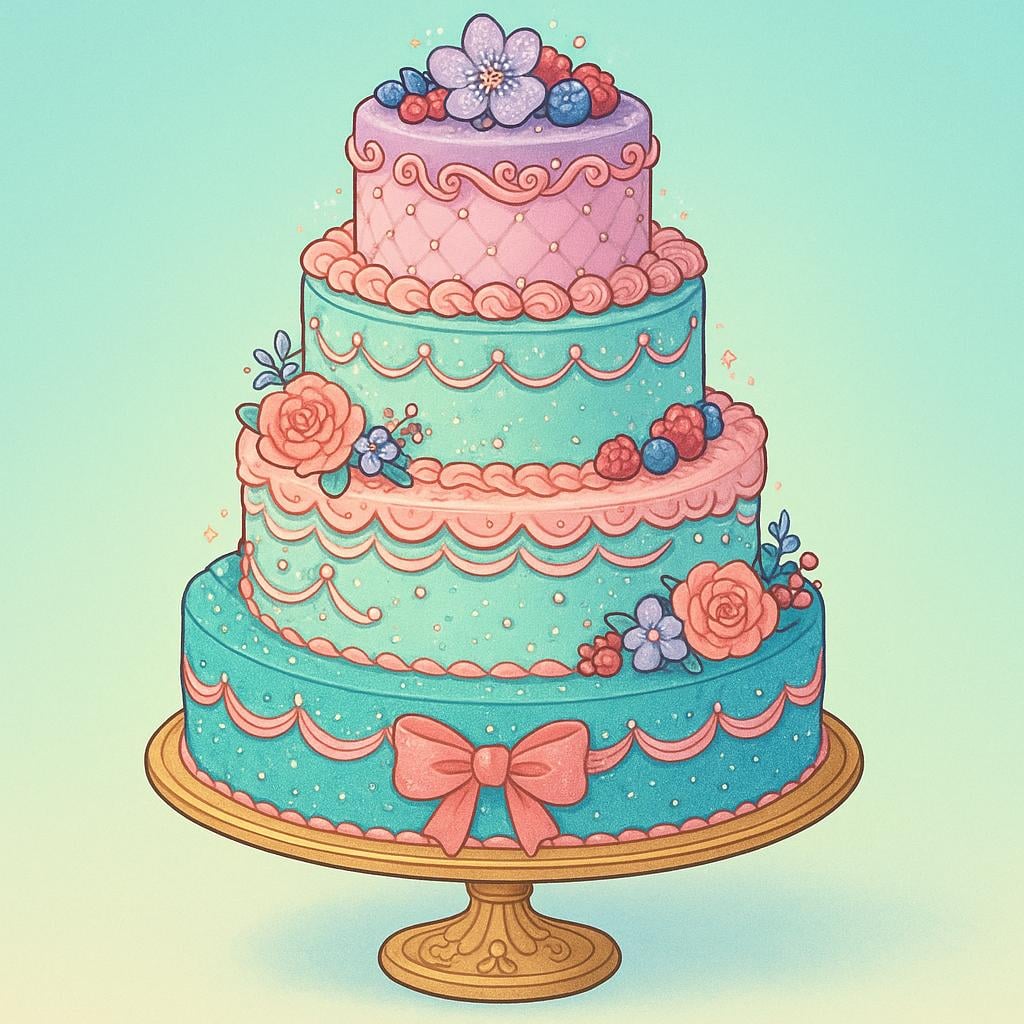 An extremely tall, elaborately decorated layer cake covered in vibrant frosting, edible gold accents, and sparkling decorations, emphasizing its magnificence.