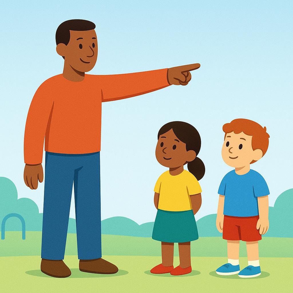 A simplified drawing of a figure standing on a slight rise, making a decisive pointing gesture, indicating they are giving an instruction.