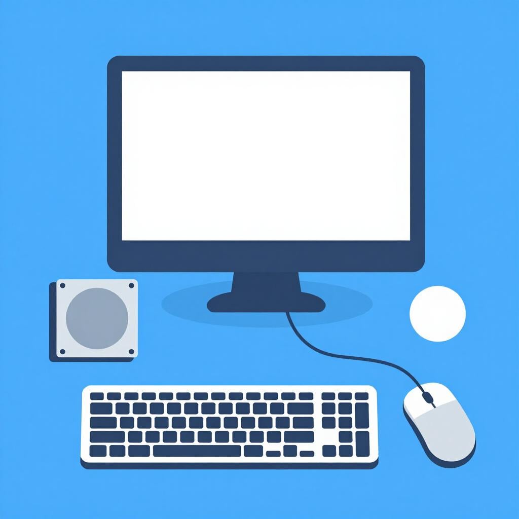 Eine Sammlung von Computerhardware, einschließlich einer Maus, einer Tastatur und eines Monitors auf hellem Hintergrund.