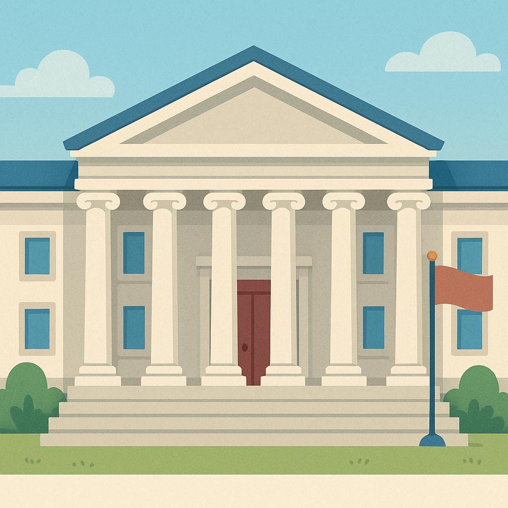 A simple illustration of a stately, columned government building facade, representing civil authority and administration.