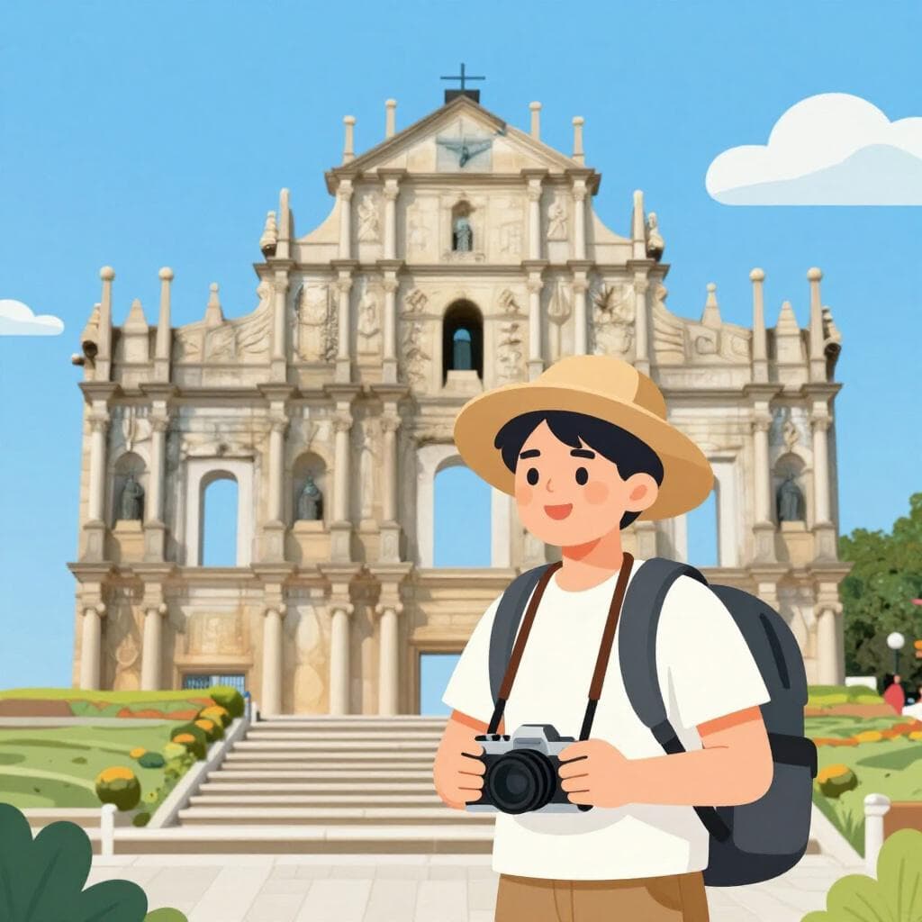 Un voyageur avec un sac à dos et un appareil photo regardant une tour célèbre.