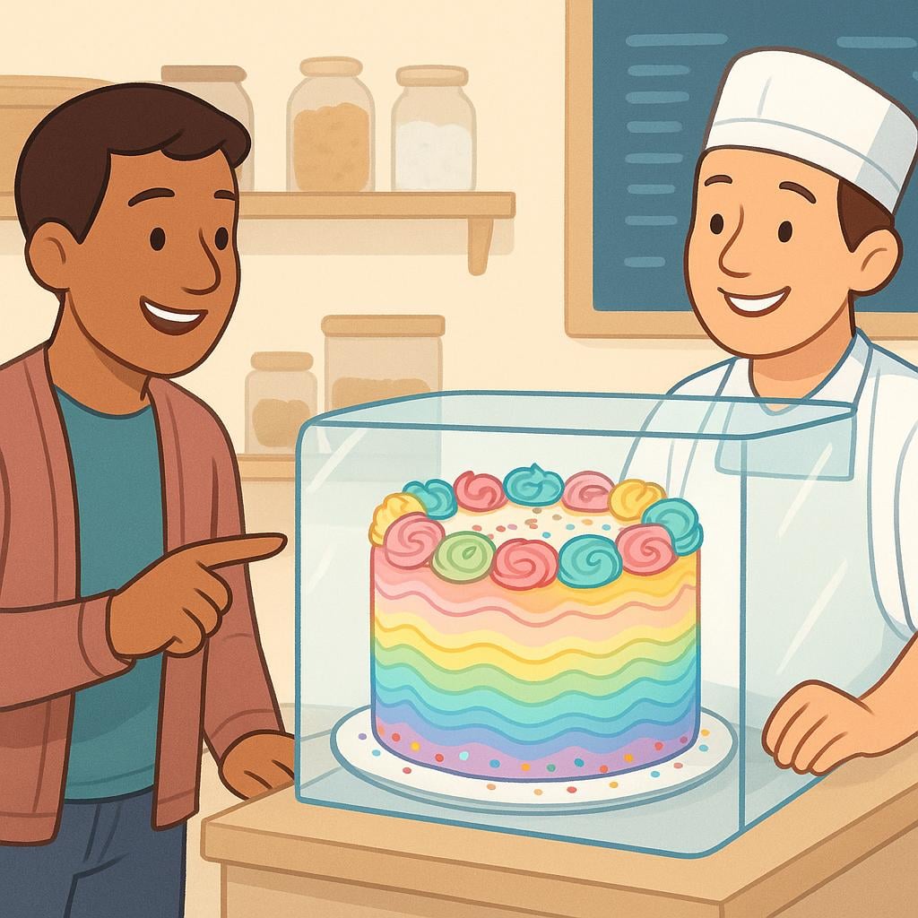 A friendly customer standing at a bakery counter pointing specifically at a large, colorful frosted cake in a glass display case, indicating an order.