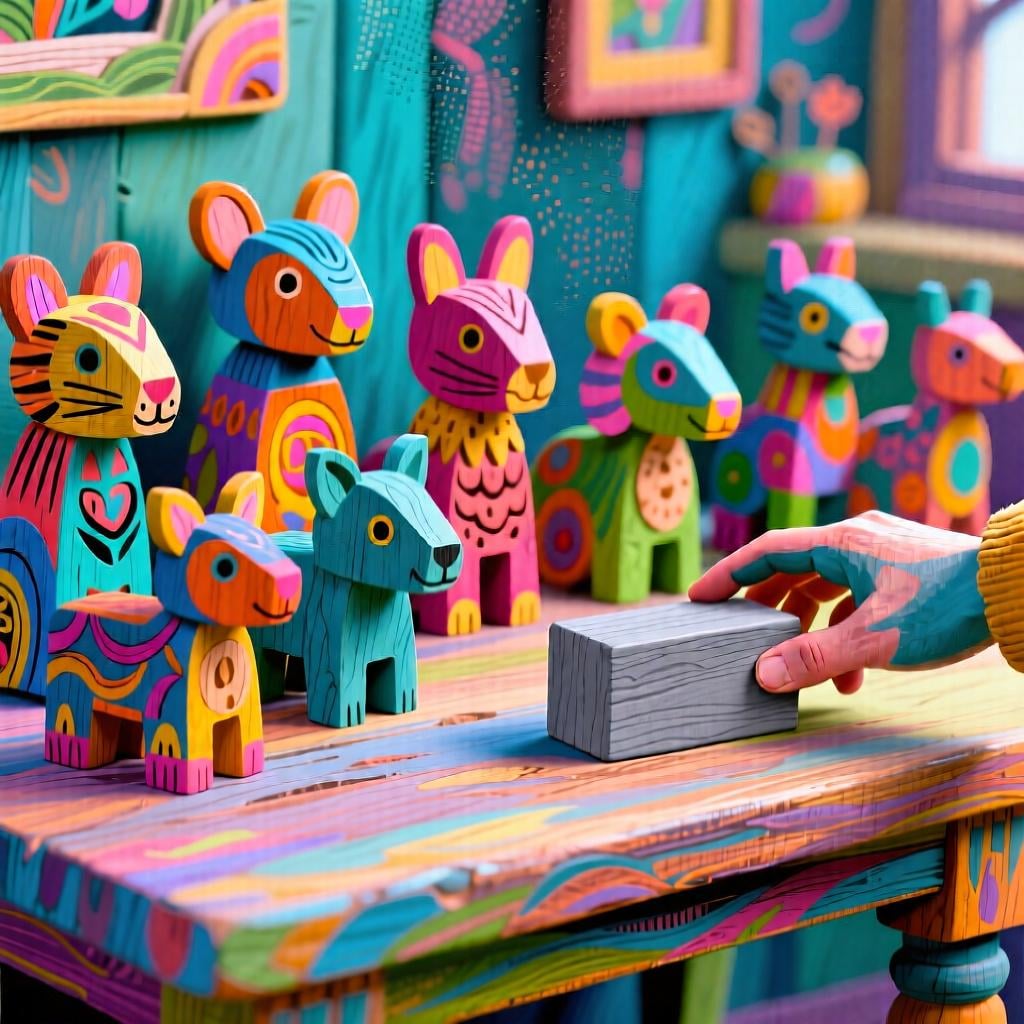 A plain, gray, unadorned wooden block being picked up from a pile of unique, colorful, detailed carved wooden toys.