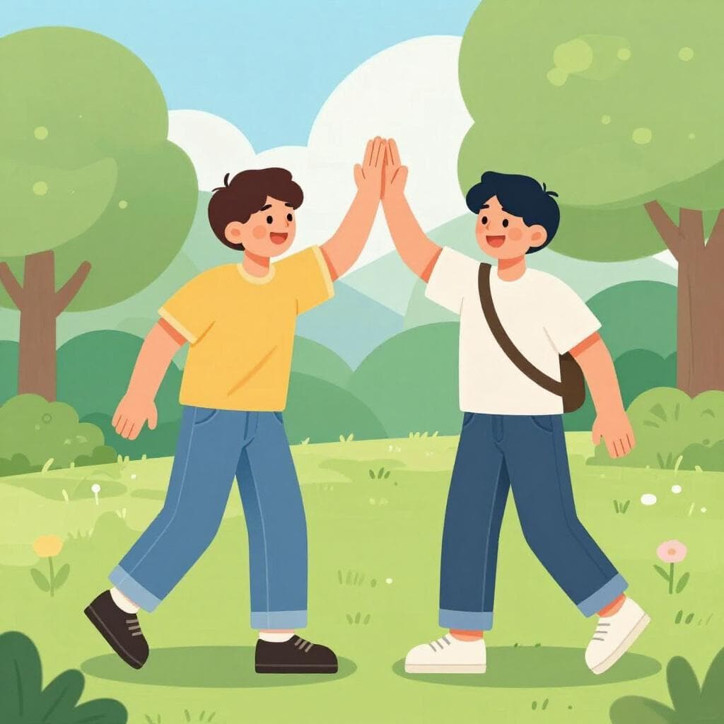 Twee jonge mannen die lachen en elkaar een high-five geven in een park.