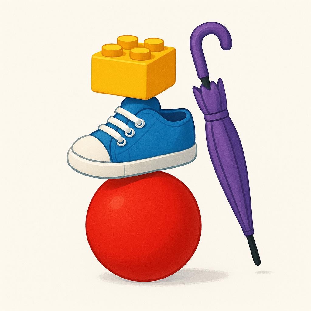 A jumbled, precarious stack of brightly colored, unrelated objects, including a ball, a shoe, a building block, and an umbrella, illustrating extreme disorder.