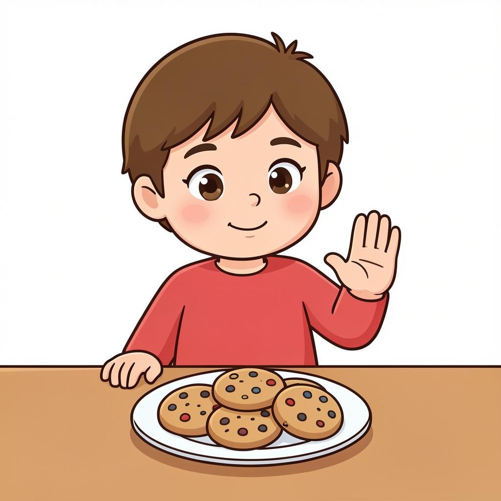 Eine Person, die einem Teller Essen ein 'Nein' signalisiert.