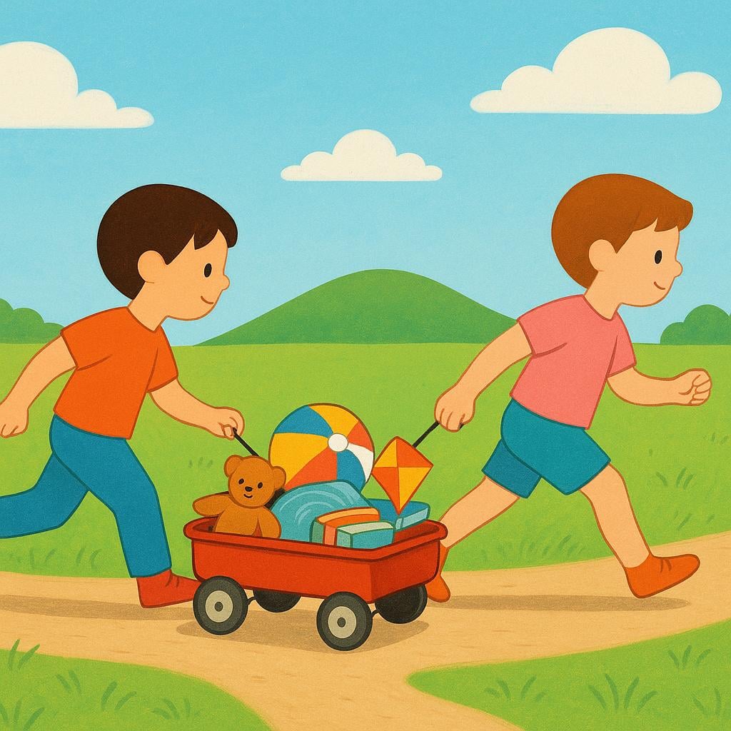 Two figures walking along a path, pulling a small red wagon filled with items toward a distant hill.