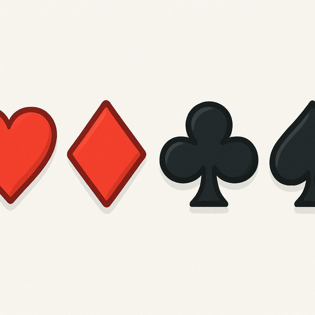 The four standard card suits—a red heart, a red diamond, a black club, and a black spade—arranged neatly side by side.
