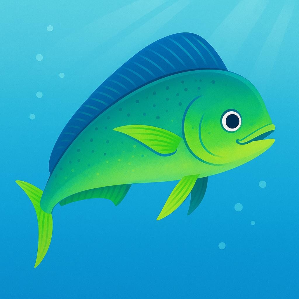 Ein einzelner, leuchtend gefärbter Mahi-Mahi-Fisch, gekennzeichnet durch seine lange Rückenflosse, der in klarem blauem Wasser schwimmt.