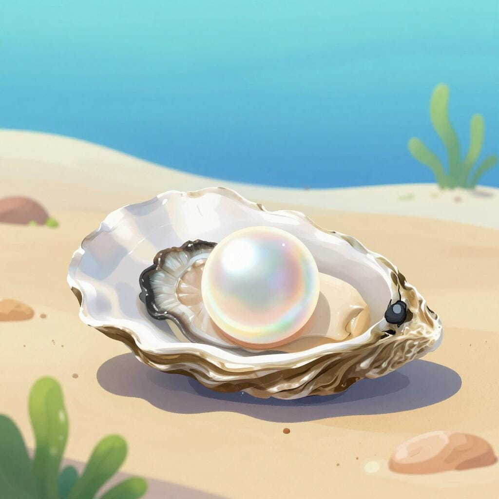 A single, perfectly round white pearl resting inside an open oyster shell on a sandy seabed.