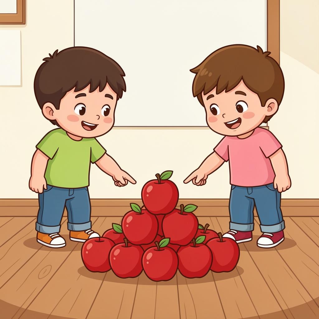 Two children sitting on a rug, pointing at and counting a small pile of bright red apples.
