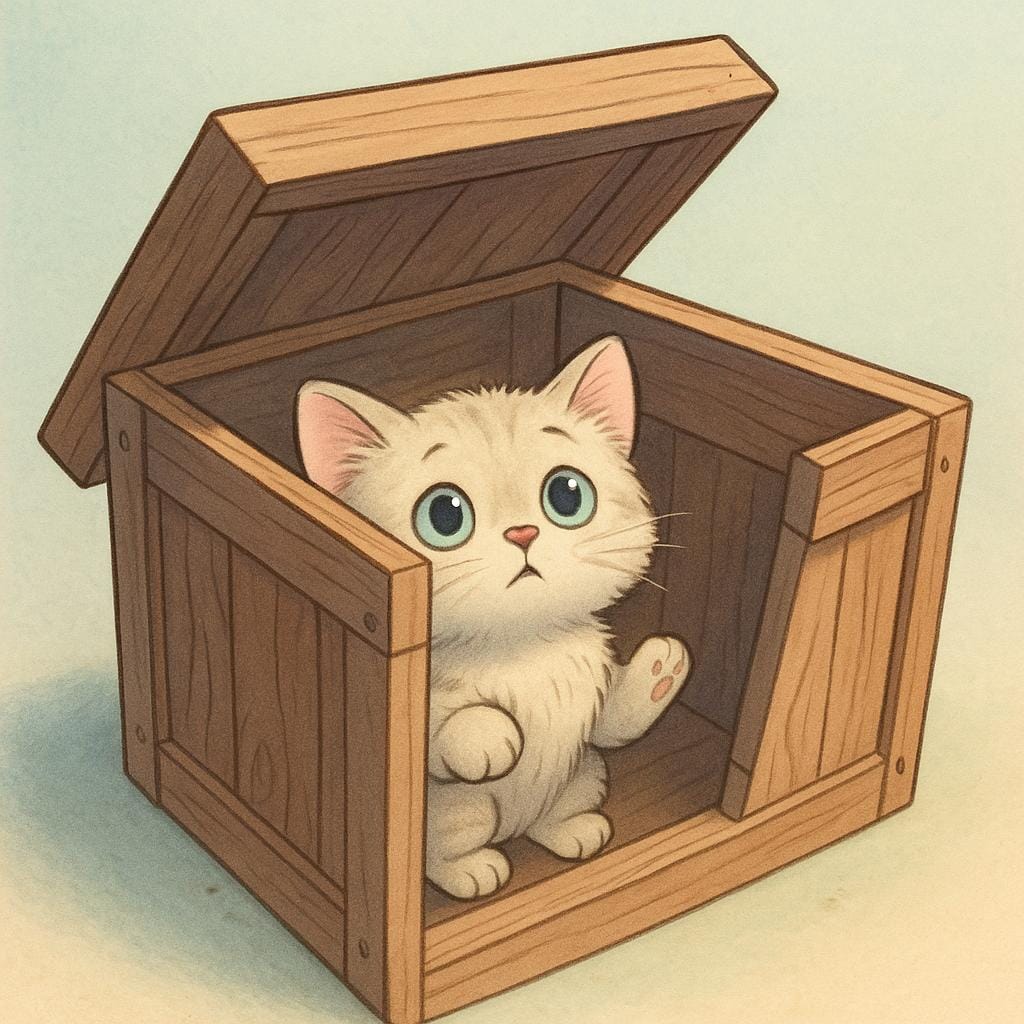 A high quality storybook illustration of a small animal stuck inside a wooden box with a heavy lid.
