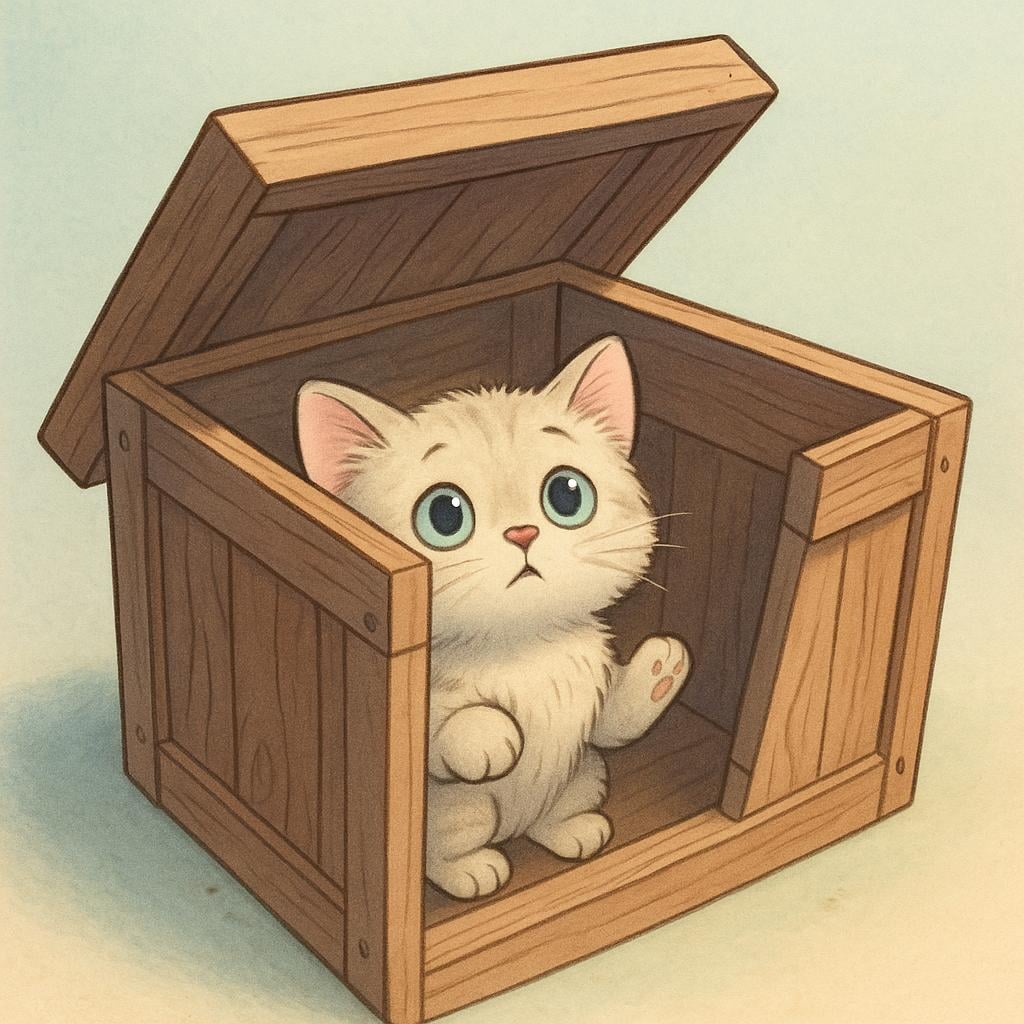 A high quality storybook illustration of a small animal stuck inside a wooden box with a heavy lid.