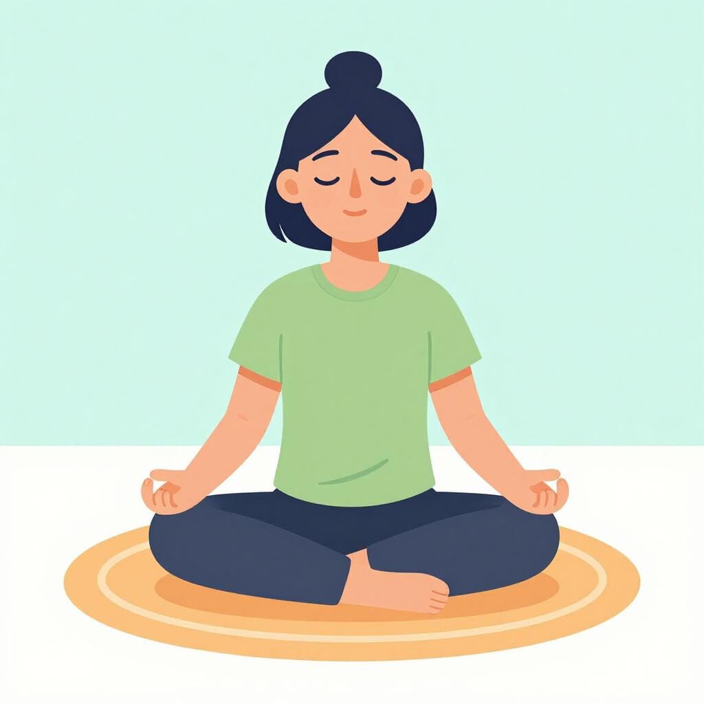 A person sitting cross-legged on a soft mat in a peaceful room with a single potted plant.