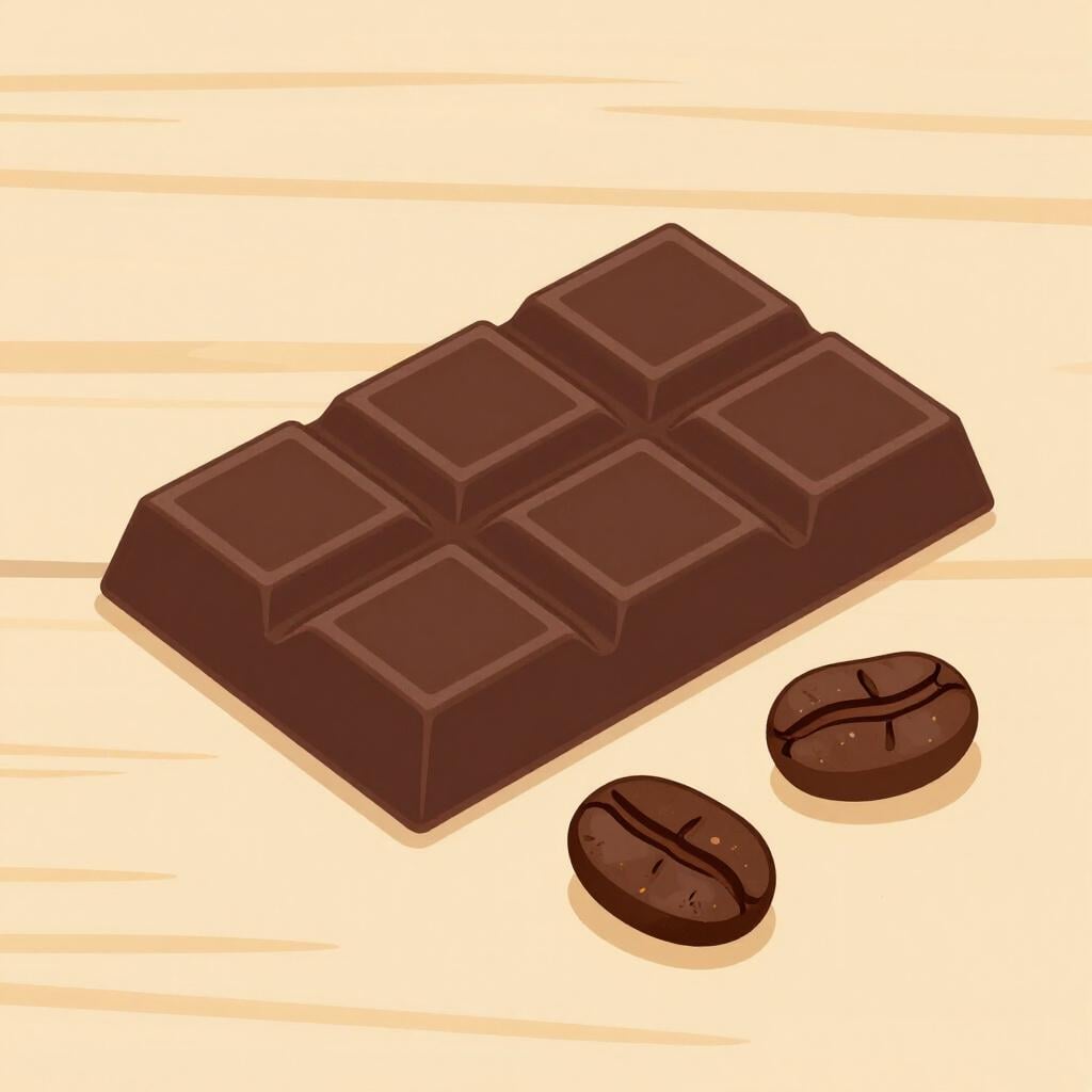 A slice of dark, unsweetened chocolate and a pile of coffee beans on a wooden table.