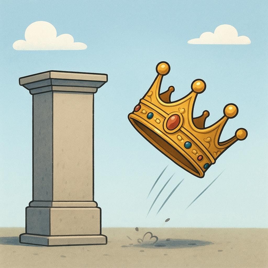 A colorful illustration of a golden crown tumbling off a tall, stone pedestal, symbolizing a sudden political overthrow.