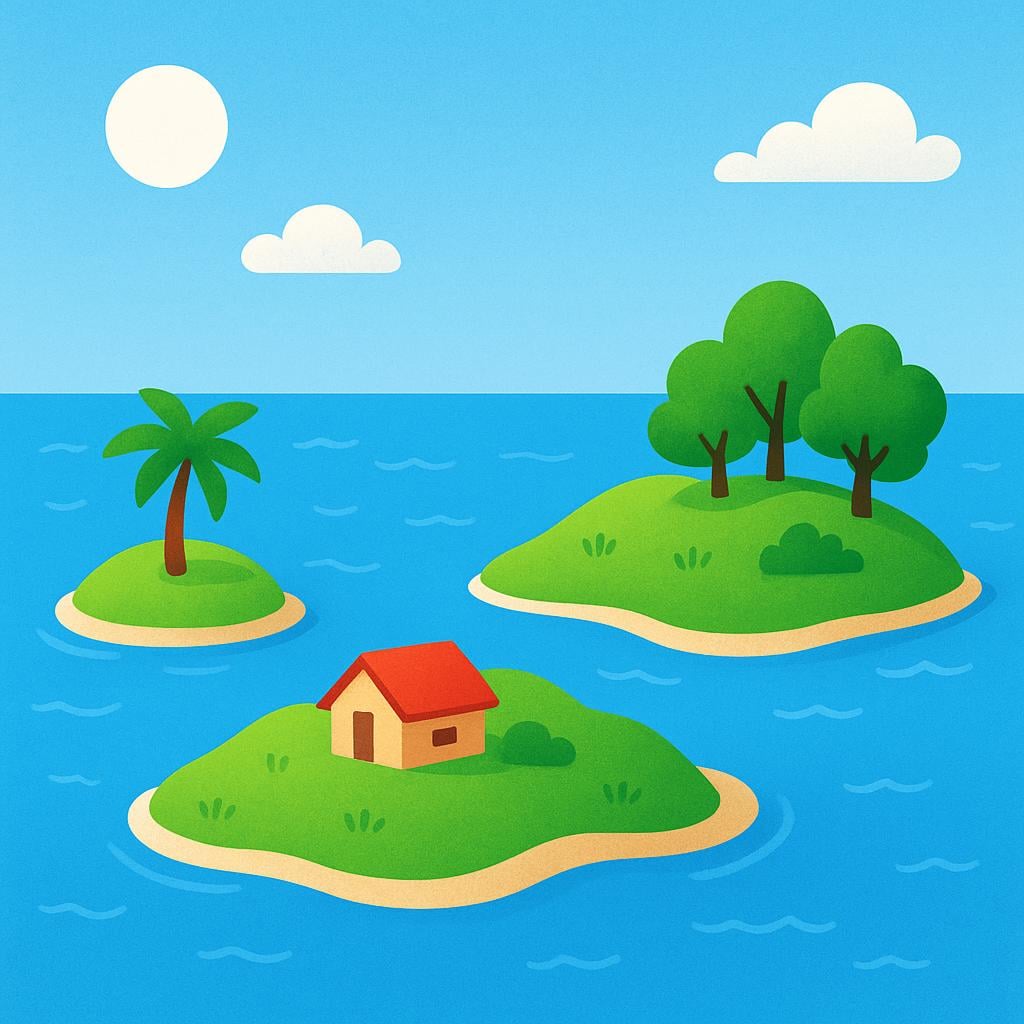 A simple illustration showing three small, lush green islands isolated in a vast blue ocean under a bright blue sky.