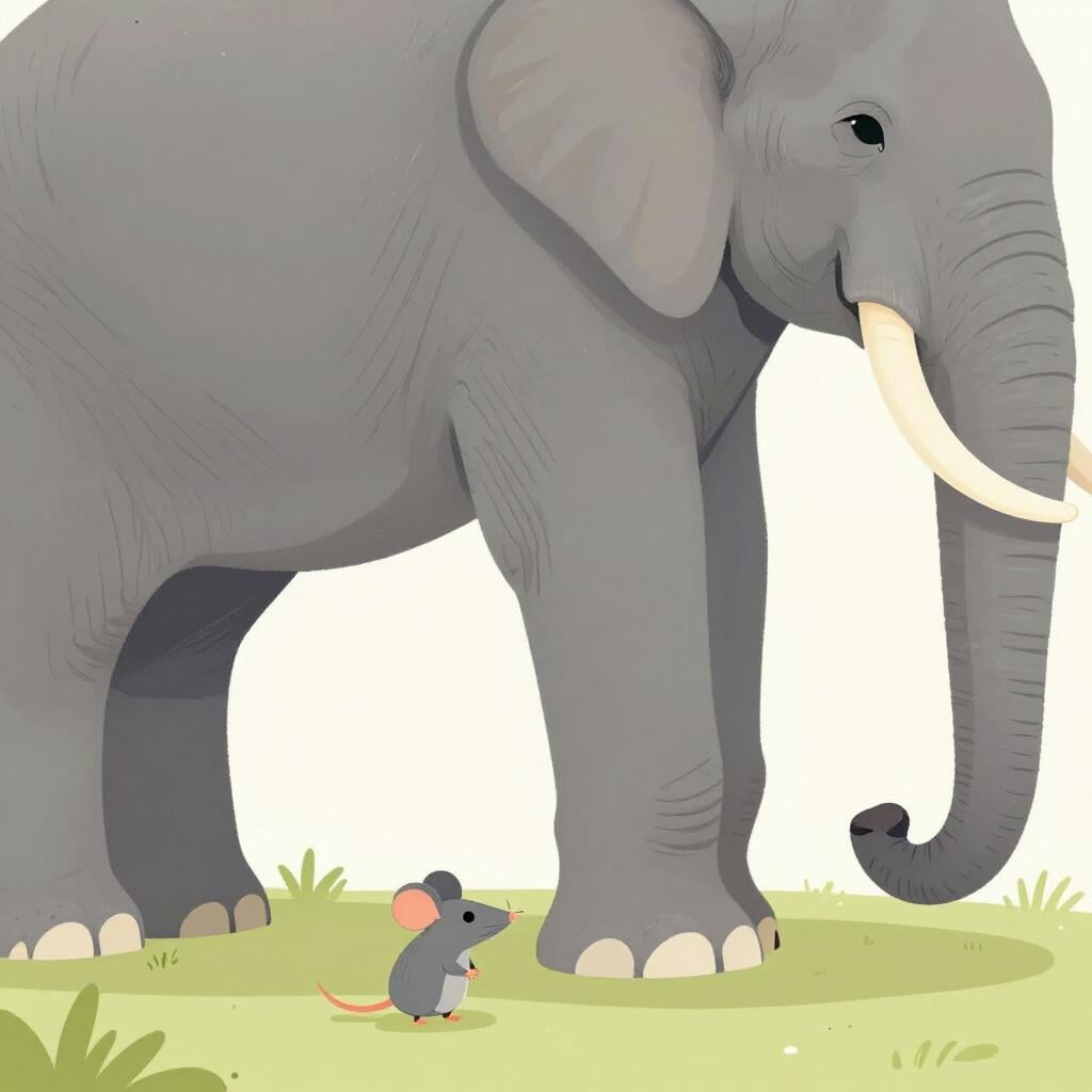 A tiny mouse sitting next to a massive, towering elephant to show the difference in size.