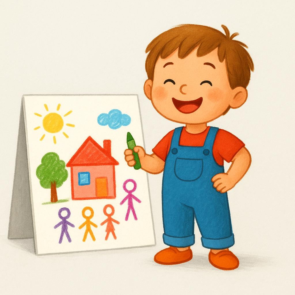 A happy young girl stands next to a simple, colorful drawing she just completed, smiling widely with a sense of accomplishment.