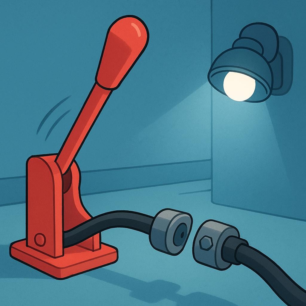 A large, red industrial lever switch being pulled down, visibly interrupting the flow through a thick black electrical cable.