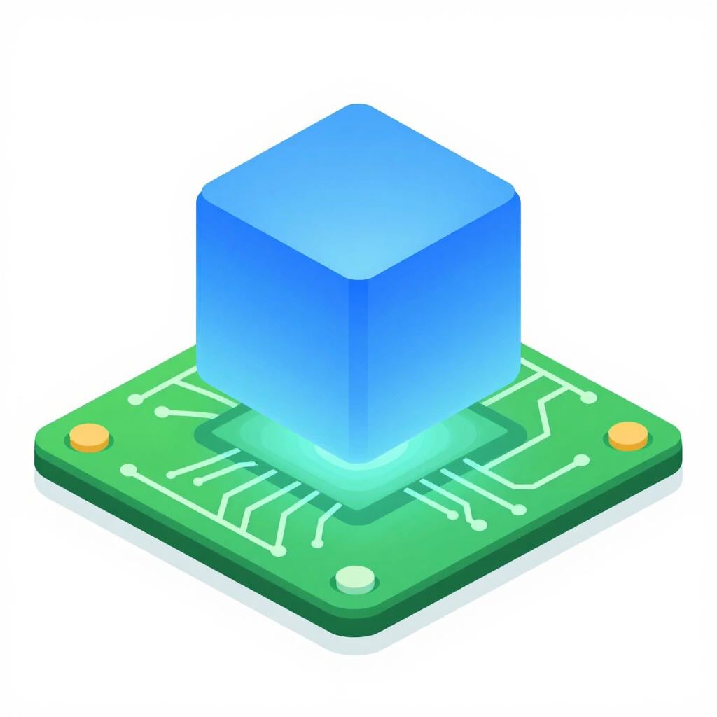 A glowing digital cube inside a computer circuit board environment.