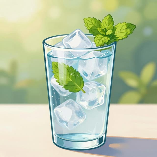 Un bicchiere d'acqua con cubetti di ghiaccio e una foglia di menta fresca su un tavolo luminoso.