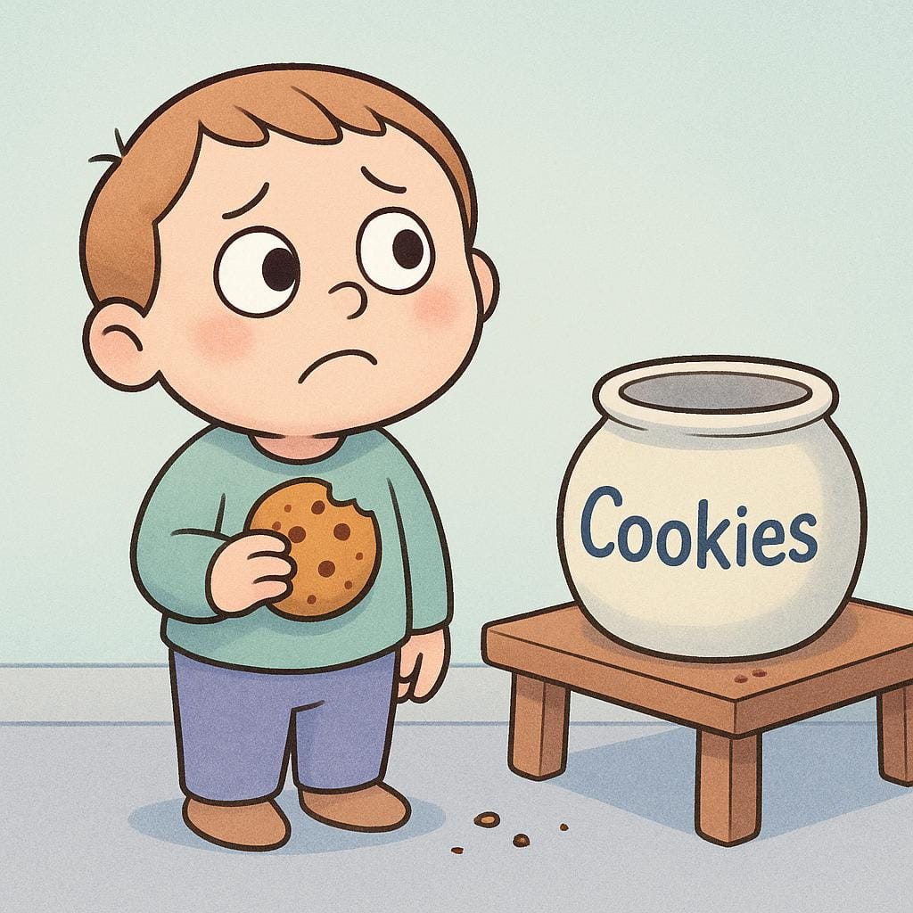 A small, cartoonish figure looking guilty while holding a stolen cookie, standing next to an empty cookie jar on a kitchen counter.