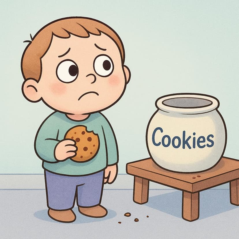 Una piccola figura in stile cartone animato che sembra in colpa mentre tiene un biscotto rubato, accanto a un barattolo di biscotti vuoto sul bancone della cucina.