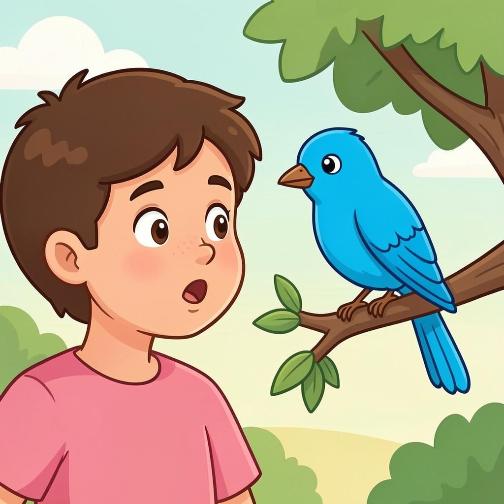 A person looking at a small, colorful bird with a curious expression.