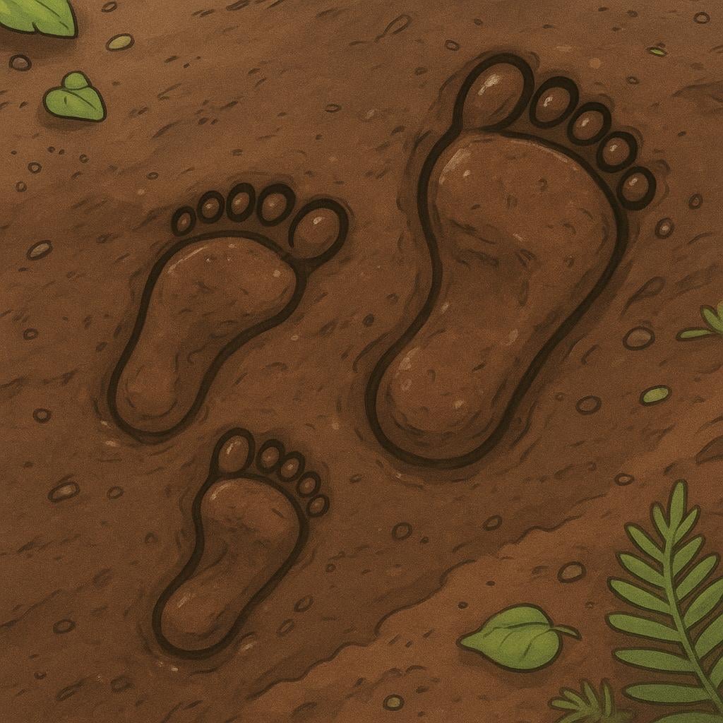 A close-up of three clear human footprints left in dark, soft mud on a forest path.