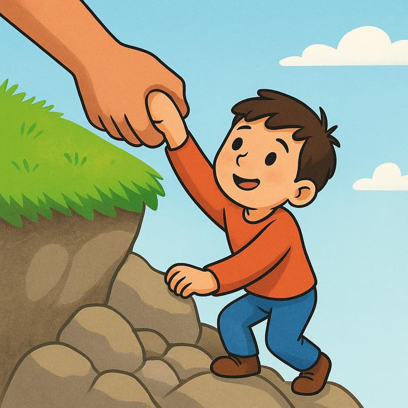 A depiction of rescue, showing a strong hand reaching down from a safe ledge to pull a smaller figure up from a lower level, symbolizing saving someone.