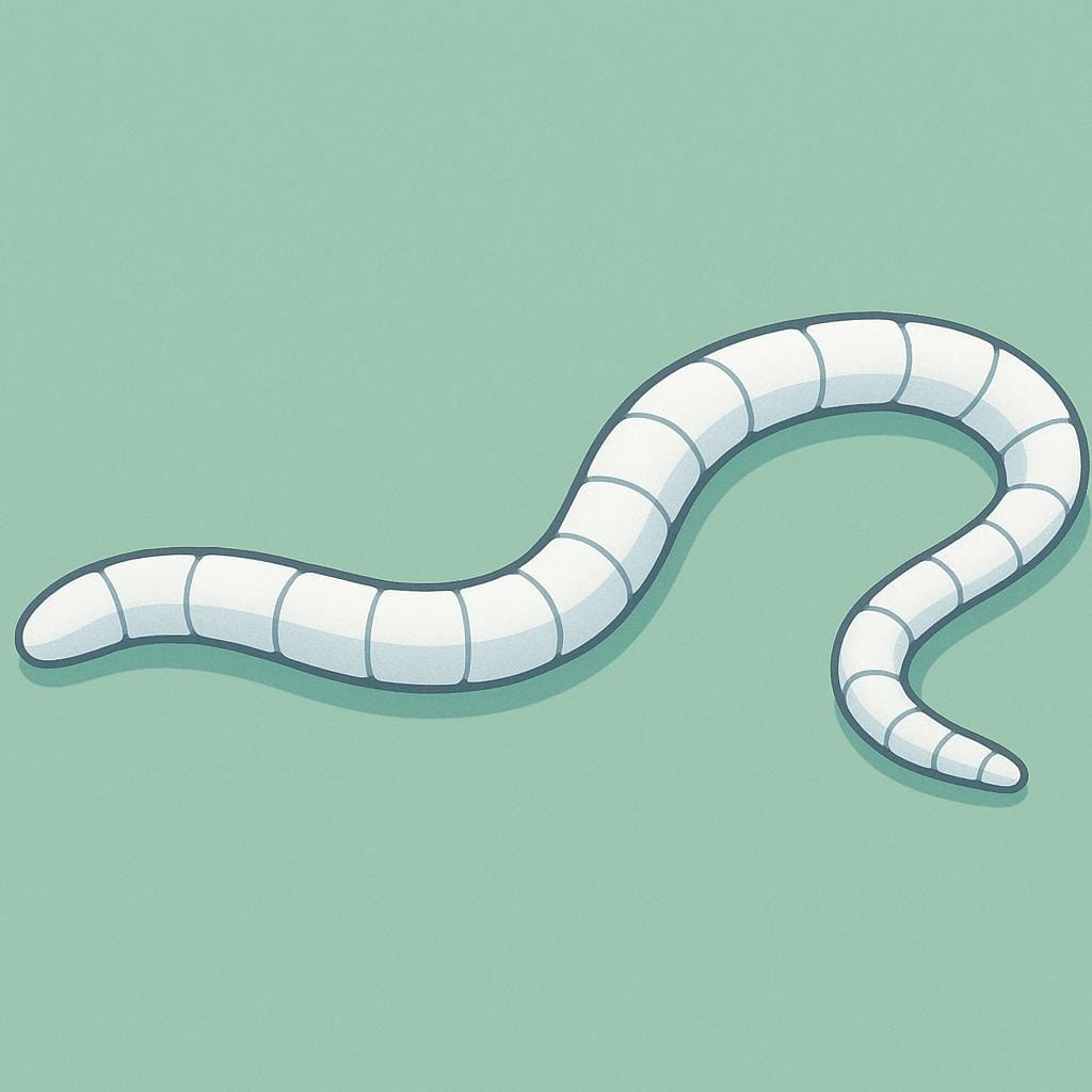 Una forma lunga, piatta, segmentata, simile a un nastro bianco, curva su uno sfondo verde uniforme.