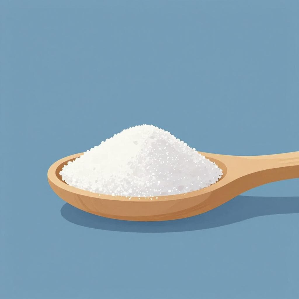A wooden spoon filled with a small heap of white sugar.