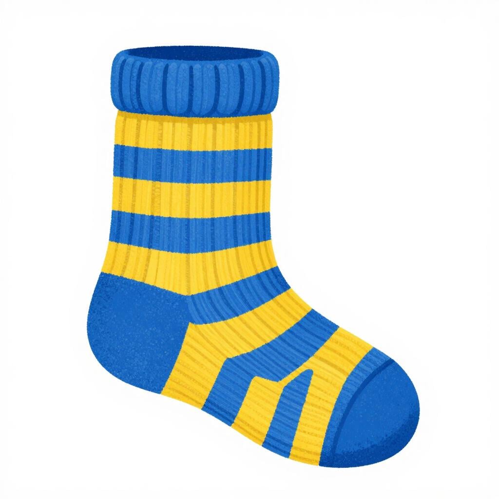 Une seule chaussette rayée de couleur vive posée à plat sur une surface blanche propre.