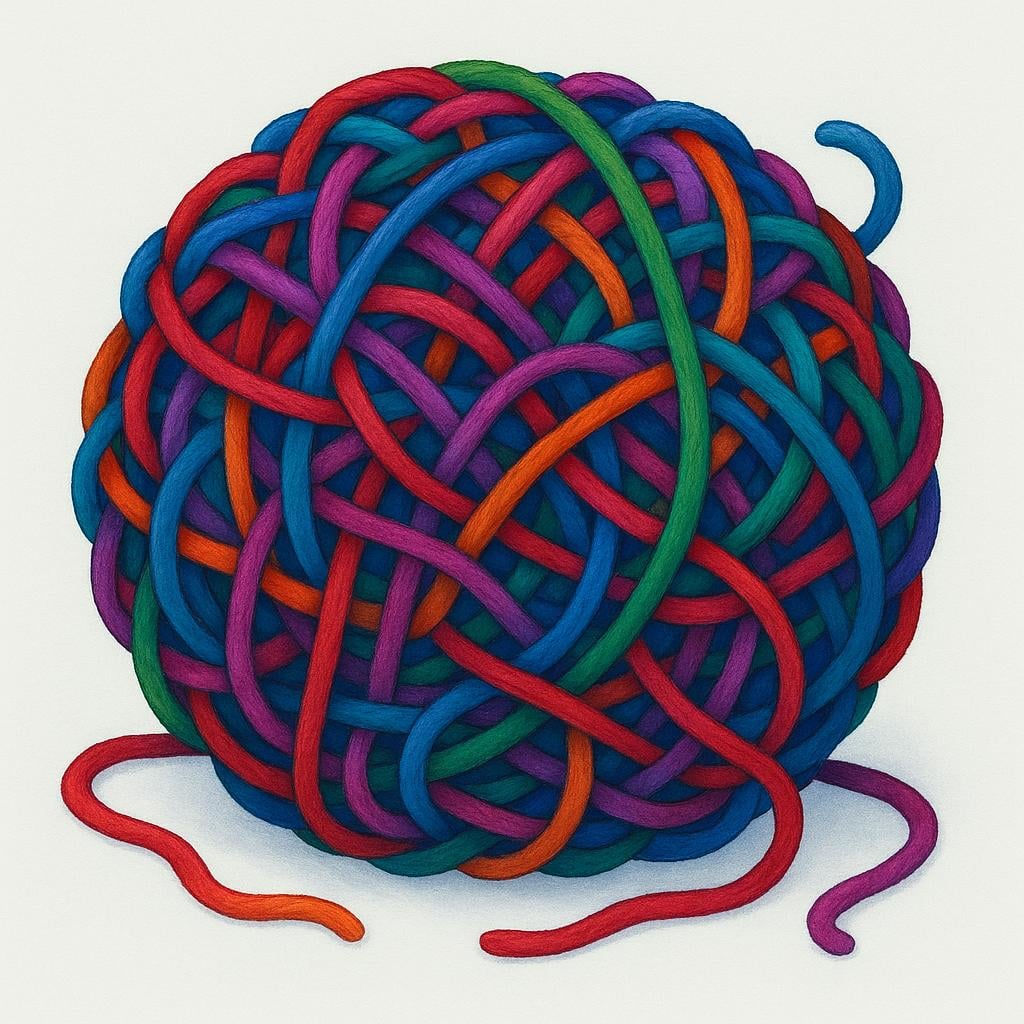 A close-up view of a large, multicolored ball of yarn hopelessly tangled and knotted, making it look impossible to unravel.