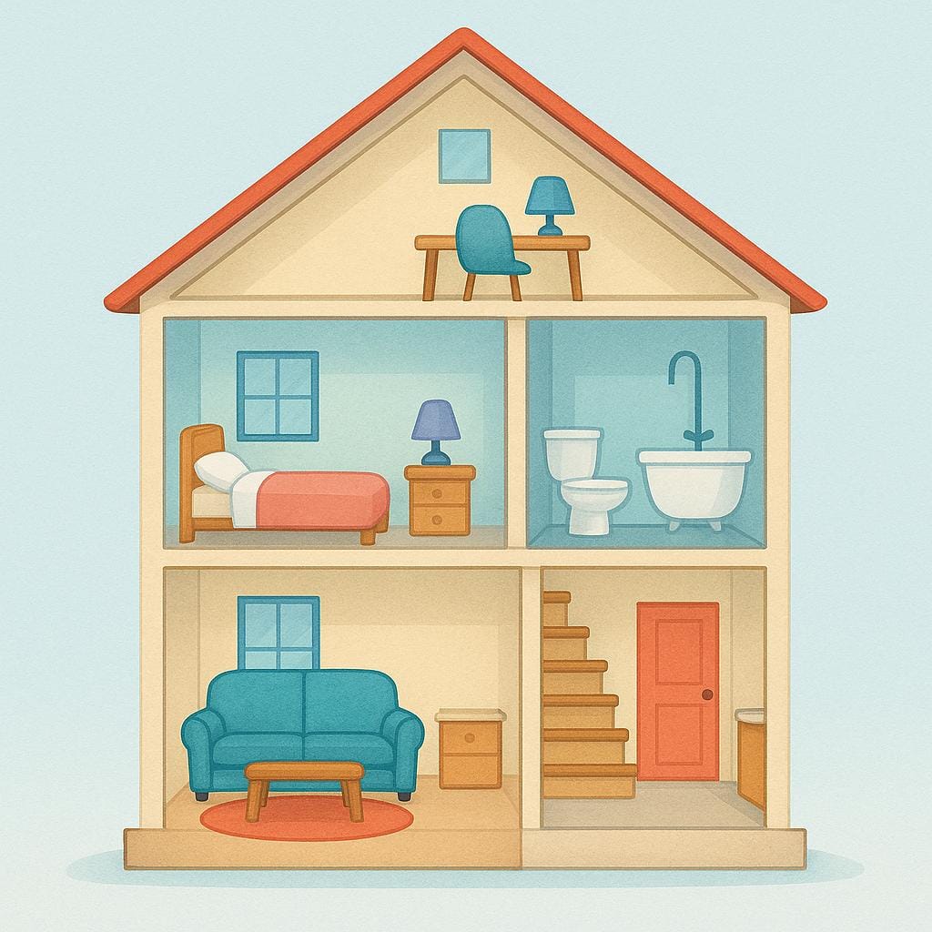 An illustration showing the side view of a simple building structure cut open, revealing three separate horizontal floors stacked on top of each other.