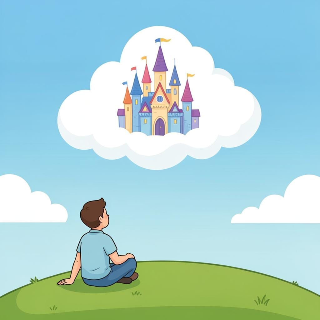 A person sitting on a grassy hill, looking up at a floating cloud shaped like a giant castle.