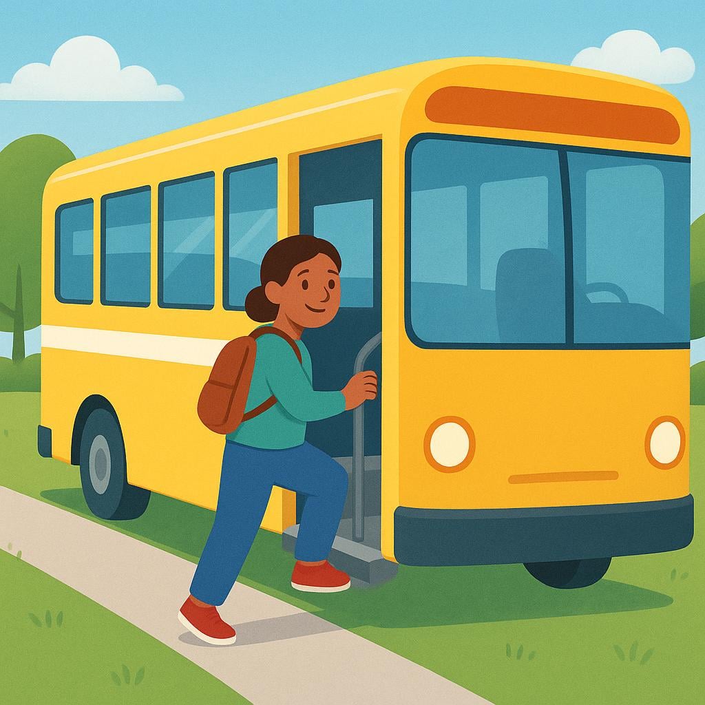 A cheerful person stepping onto a bright yellow school bus.