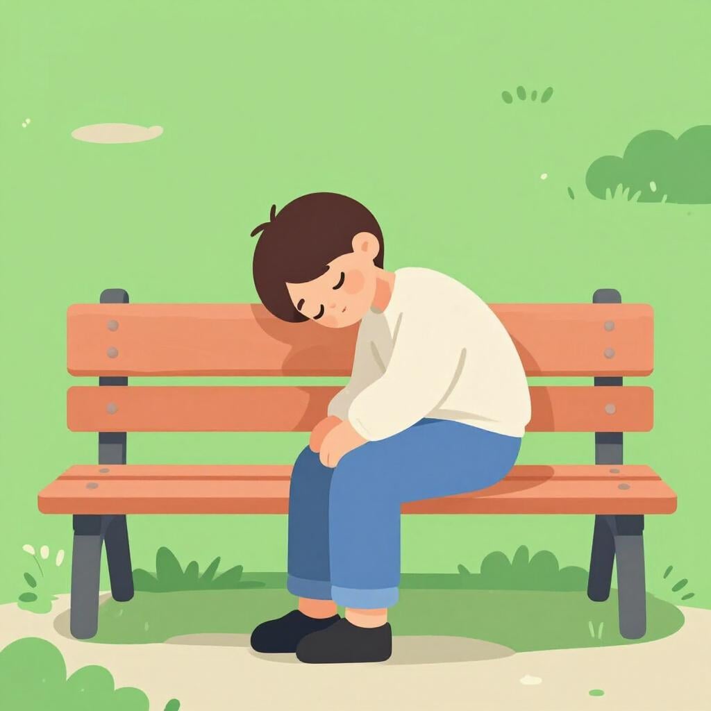 A person sitting on a park bench suddenly slumping over as if falling asleep or losing consciousness.