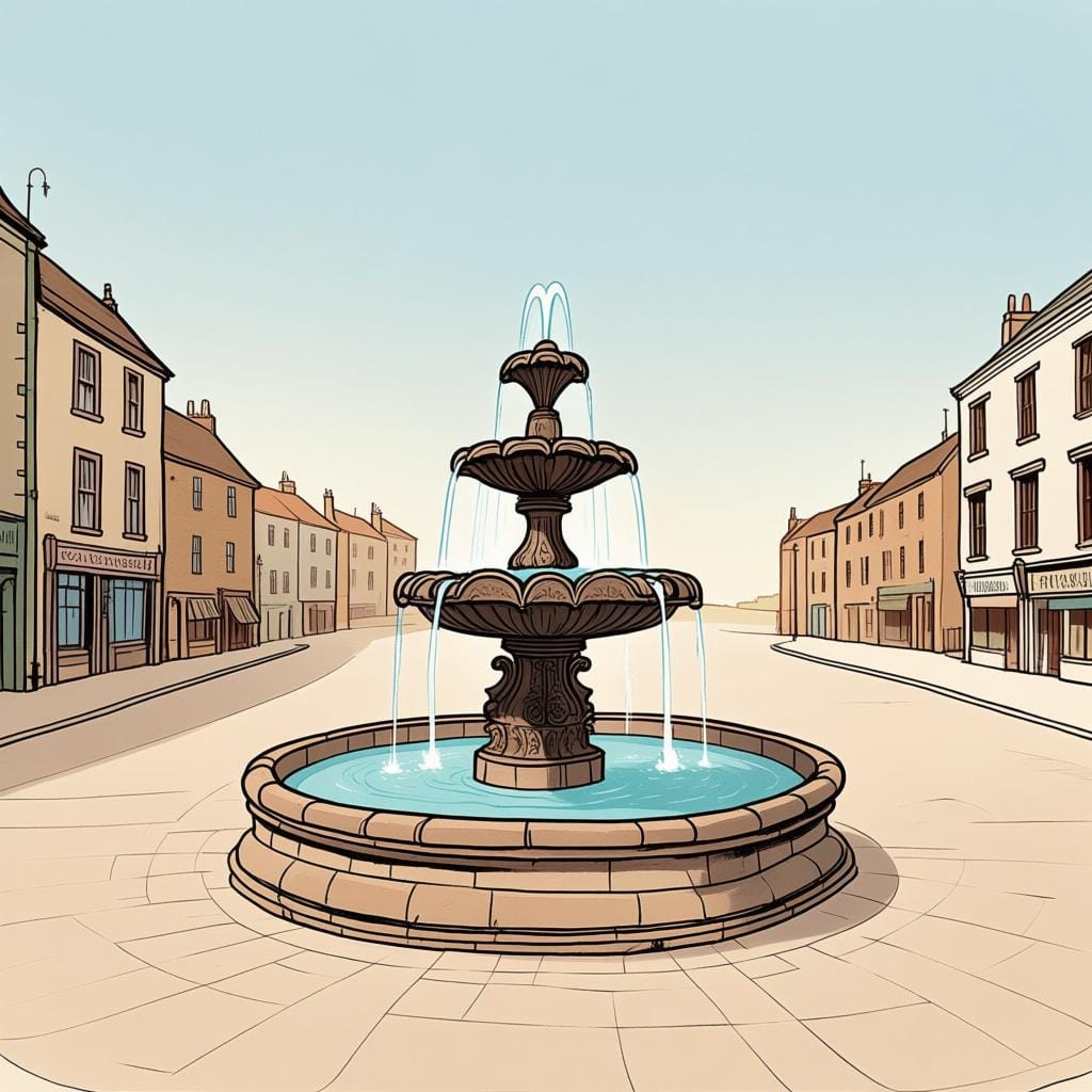 A massive, prominent statue placed in the center of a wide, open town square, illustrating the concept of main or biggest.