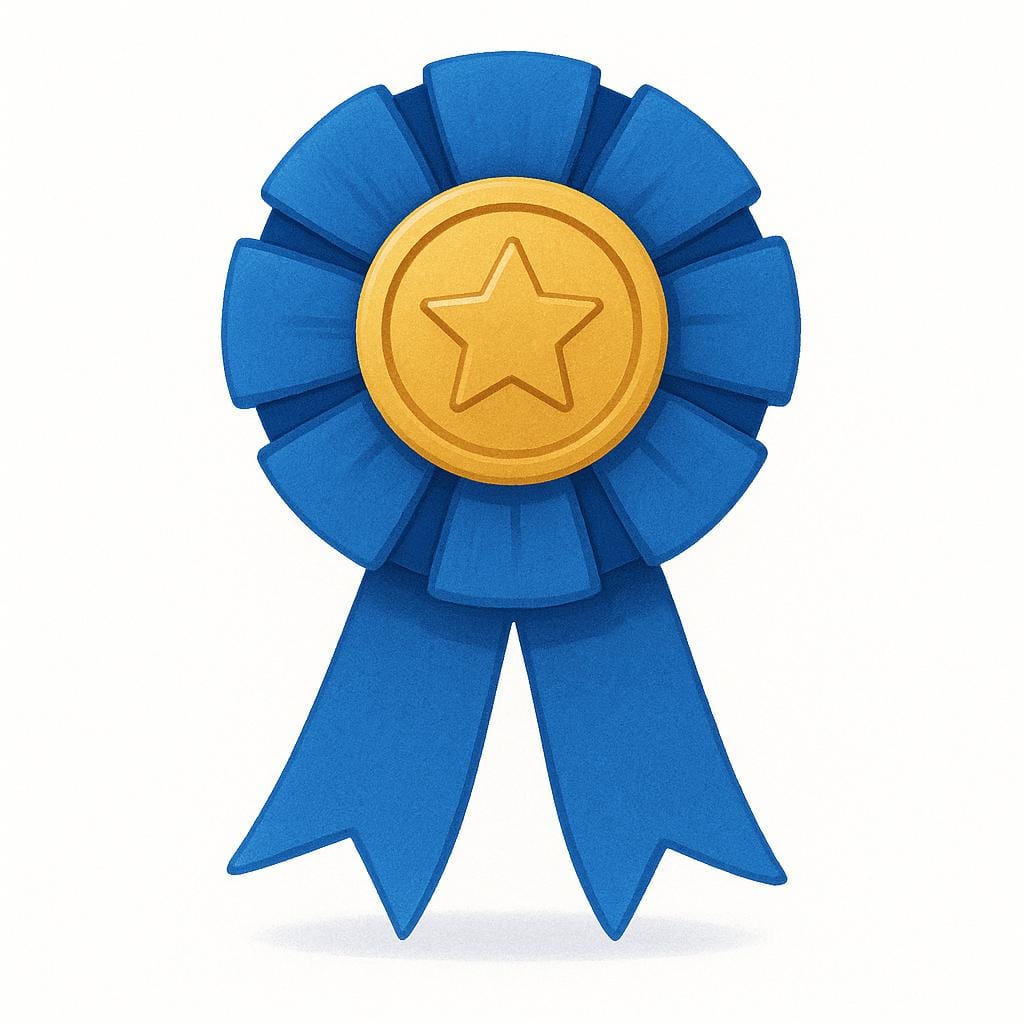 Een grote blauwe strik met een gouden medaille in het midden.