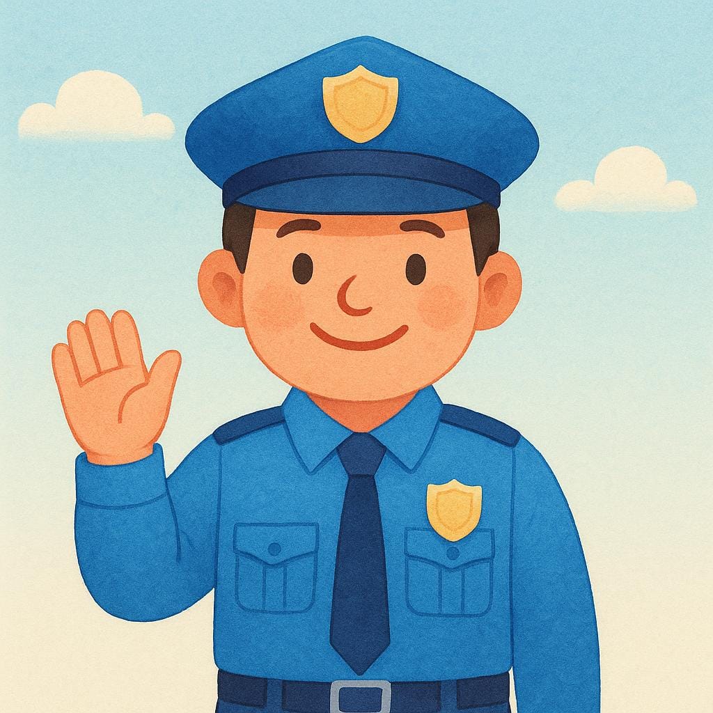 A friendly illustration of a police officer wearing a blue uniform and hat, smiling brightly.