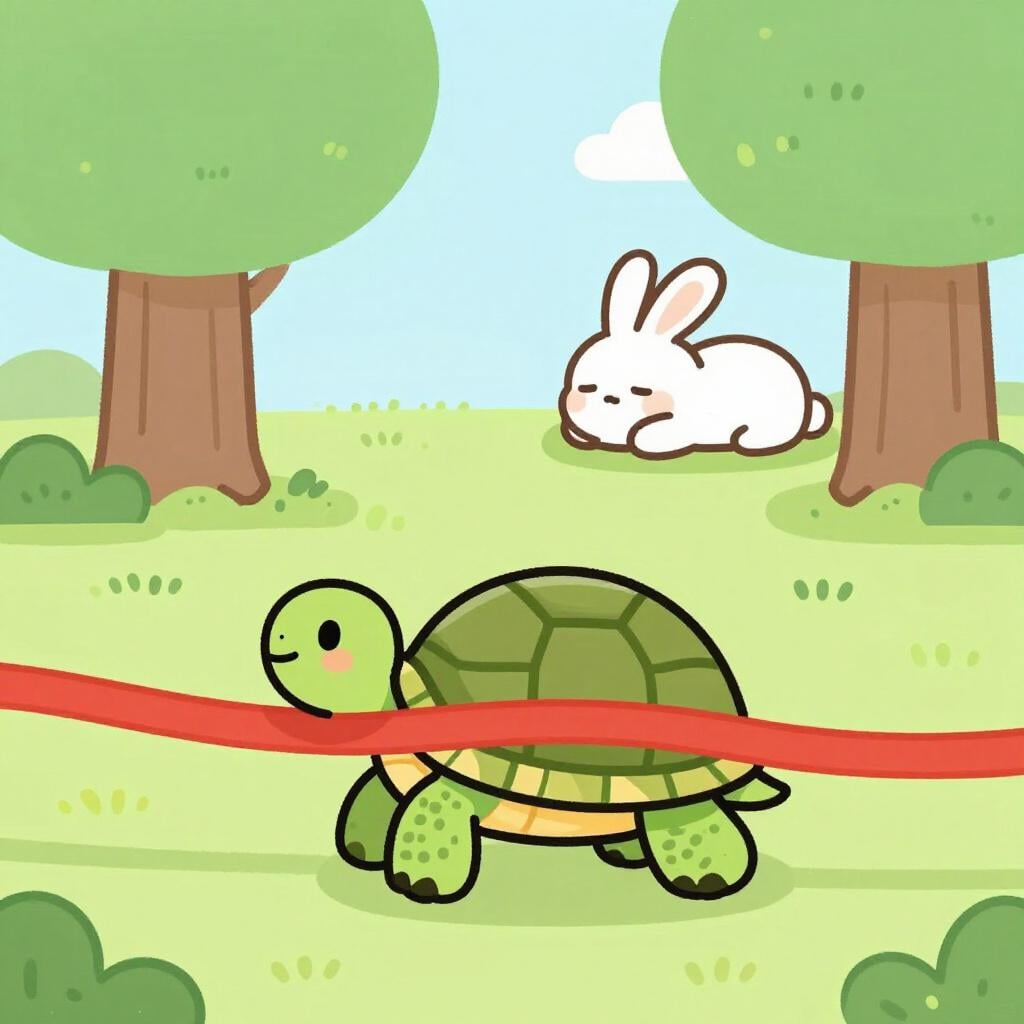 A slow turtle crossing a finish line while a fast rabbit sleeps under a tree in the distance.