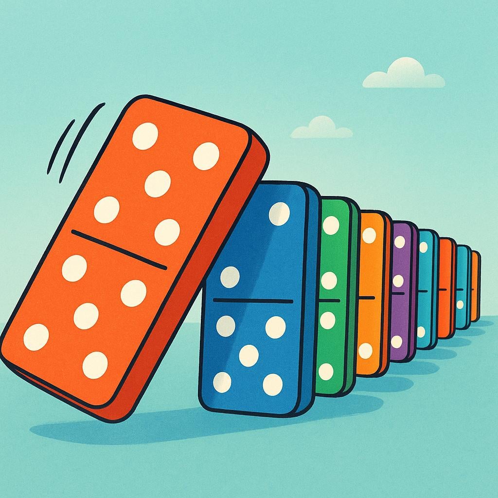A single, large domino tile falling and making contact with the first domino in a long line of standing dominoes, initiating a chain reaction.