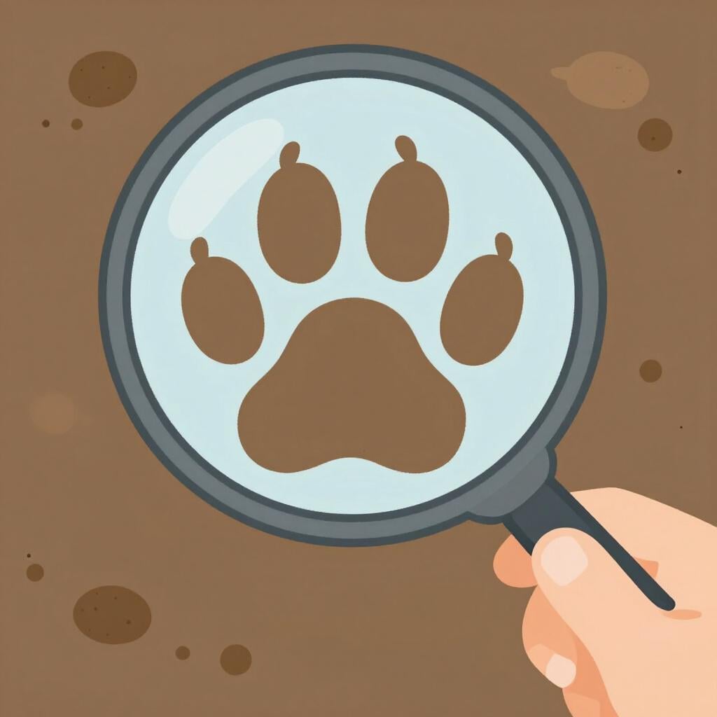 柔らかい泥の中に残された、大きくてはっきりとした動物の足跡に焦点を当てる虫眼鏡。