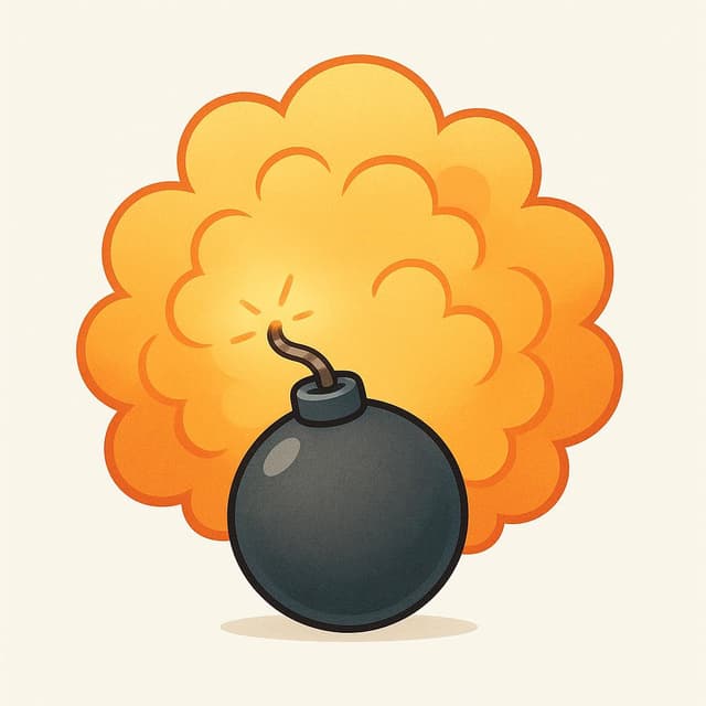 Eine kleine, runde Cartoon-Bombe, die heftig in einer großen Wolke aus orangefarbenem und gelbem Rauch und Trümmern explodiert, was eine physische Detonation darstellt.