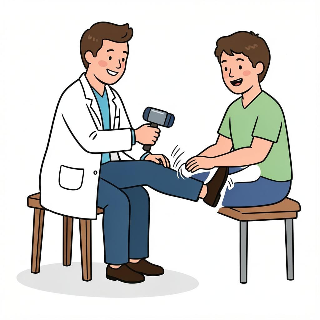 A person's leg kicking forward automatically when a small rubber hammer taps their knee.