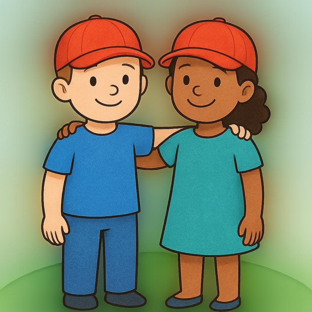 Two friends looking happy, both wearing identical bright red baseball caps.